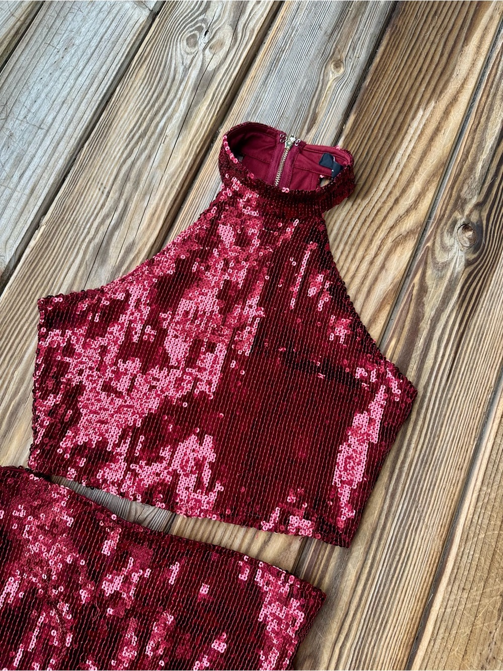 Lulu's Burgundy Sequin Halter Crop Top & Fringe Maxi Skirt Set - Picture 3 of 10